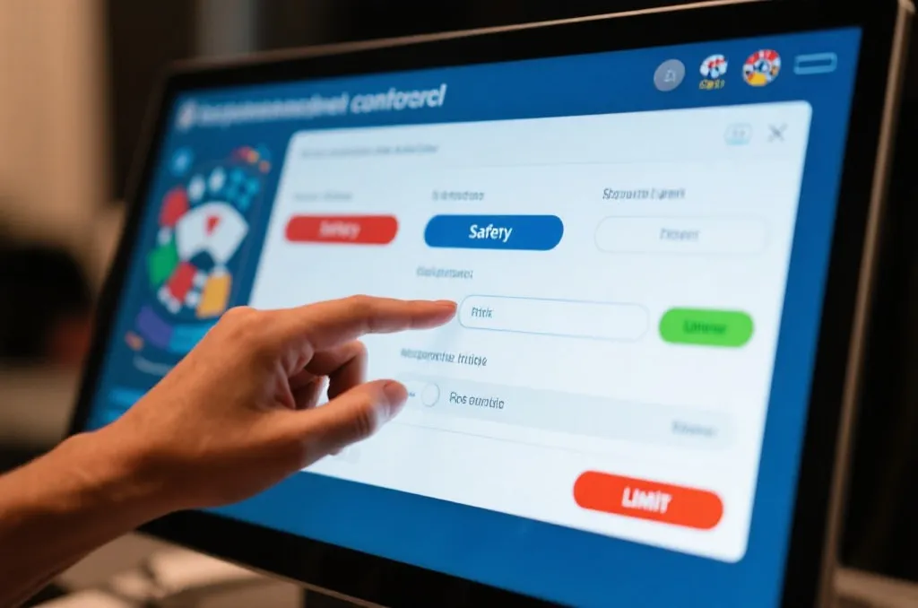 A hand adjusting safety and limit settings on a computer screen, representing responsible gaming controls