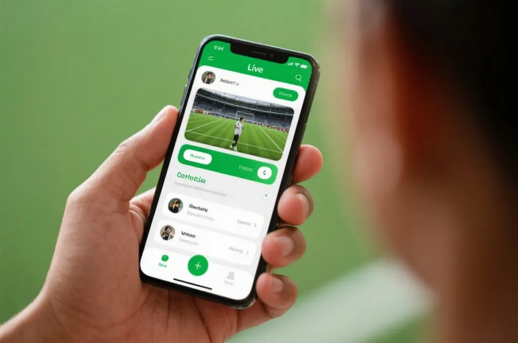 Close up of a person holding a smartphone showing a generic live sports interface with green and white theme